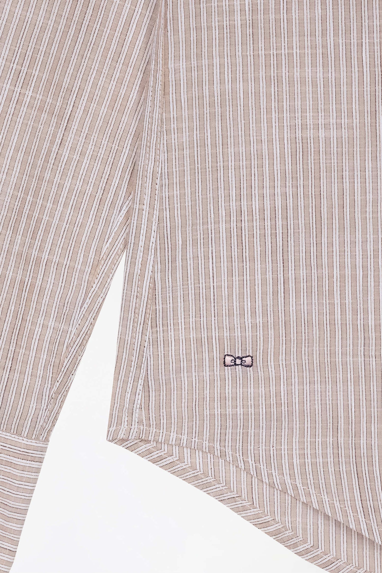 Slim-fit beige striped cotton and linen shirt with Mandarin collar