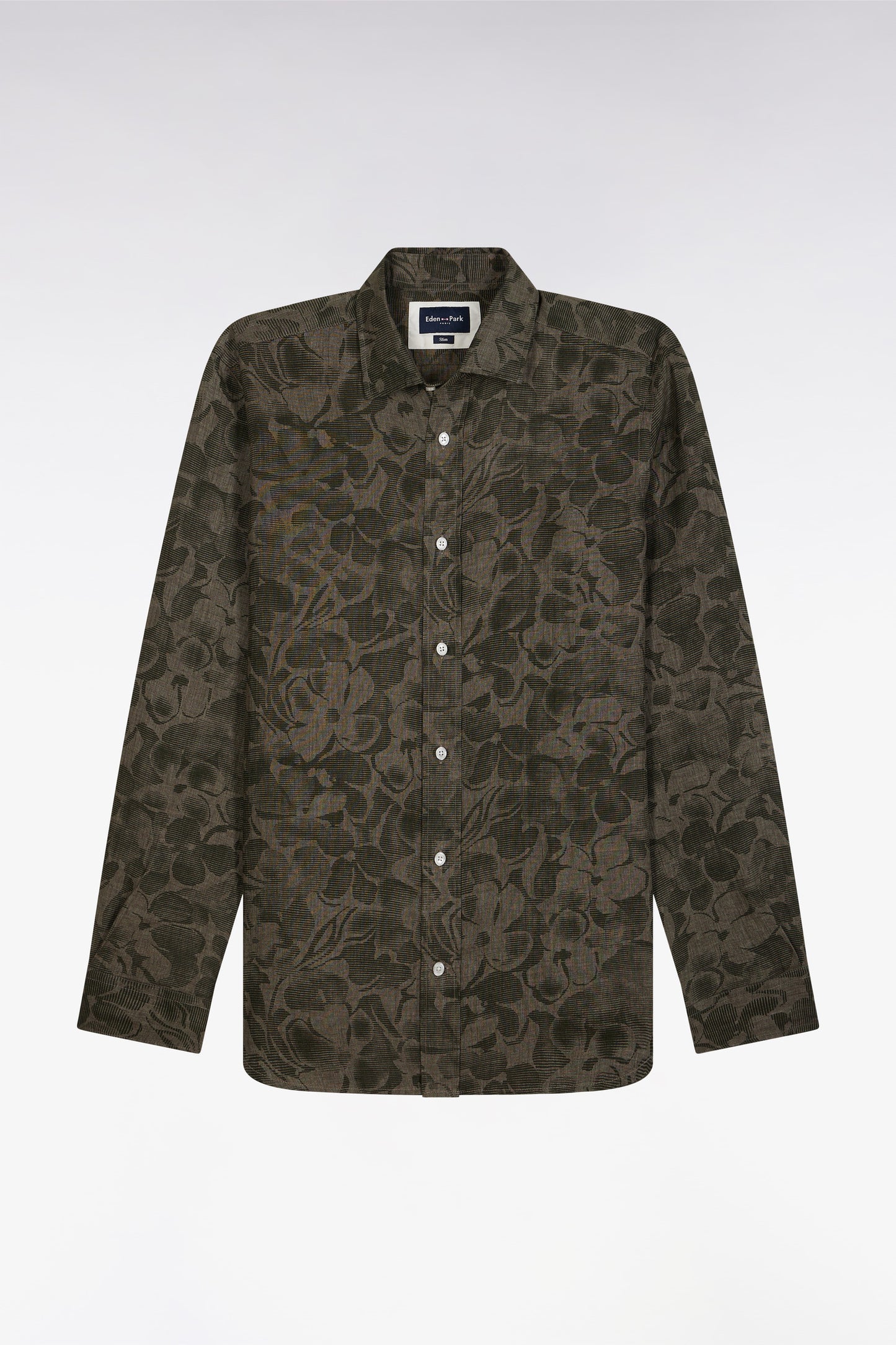 Slim-fit khaki linen printed shirt