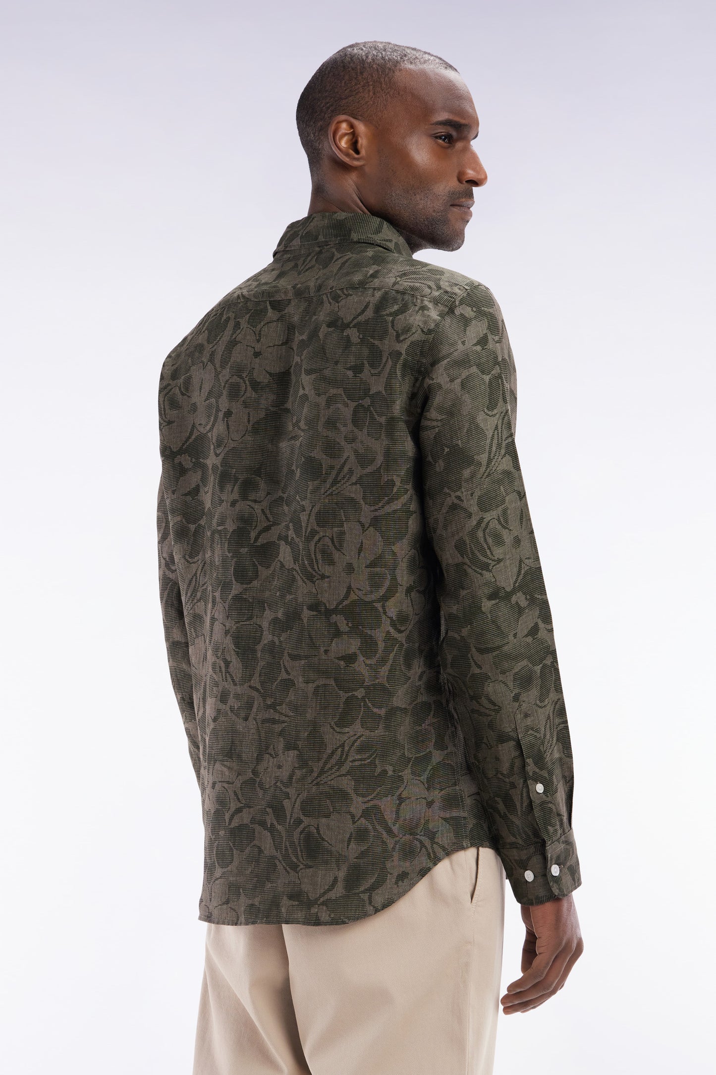 Slim-fit khaki linen printed shirt