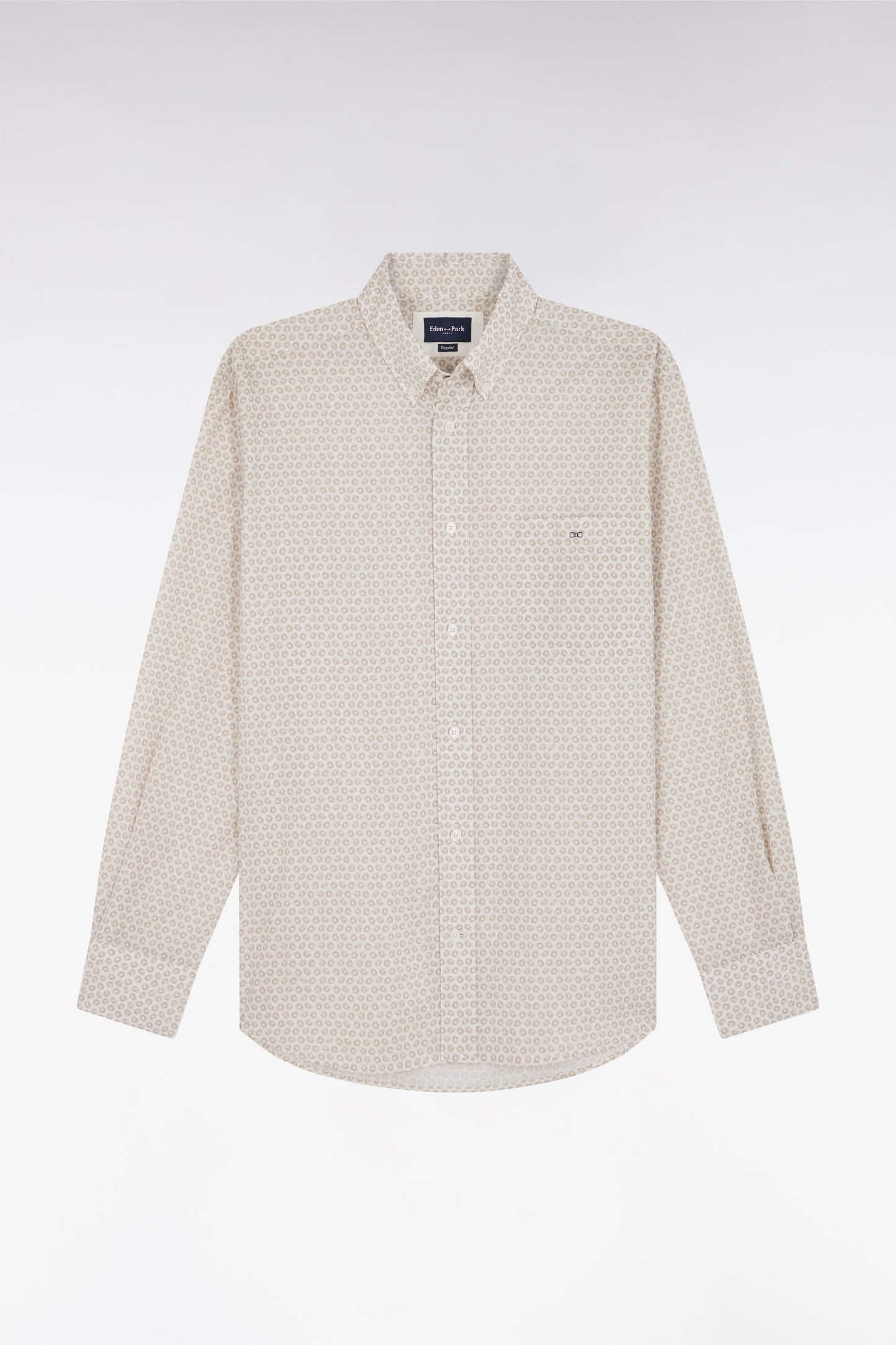 Straight-fit cotton poplin shirt with beige graphic microprint