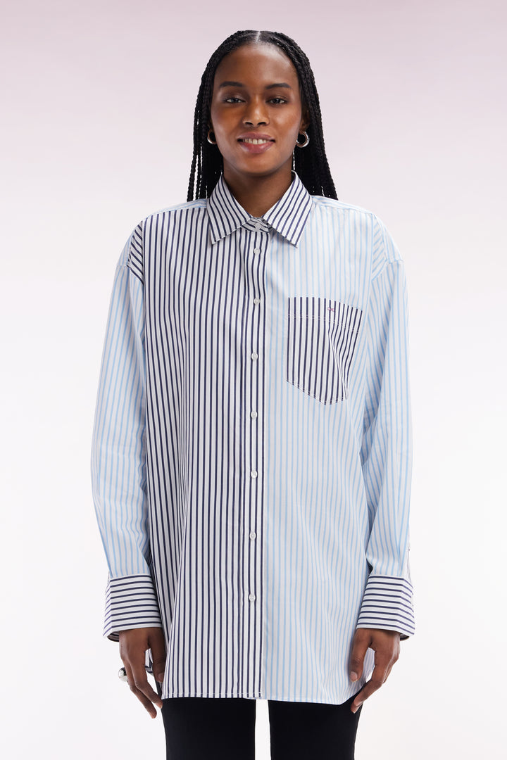 Chemise à patchwork de rayures en coton bleu coupe oversized