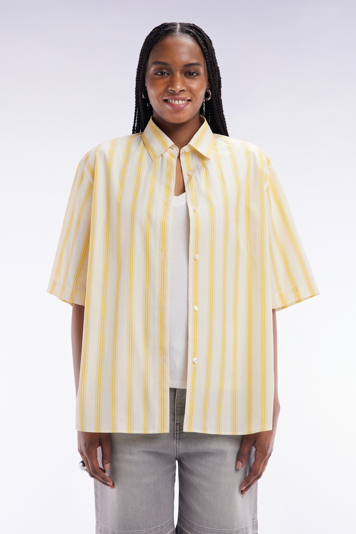 Chemise à manches courtes rayée en coton jaune et blanche coupe oversized