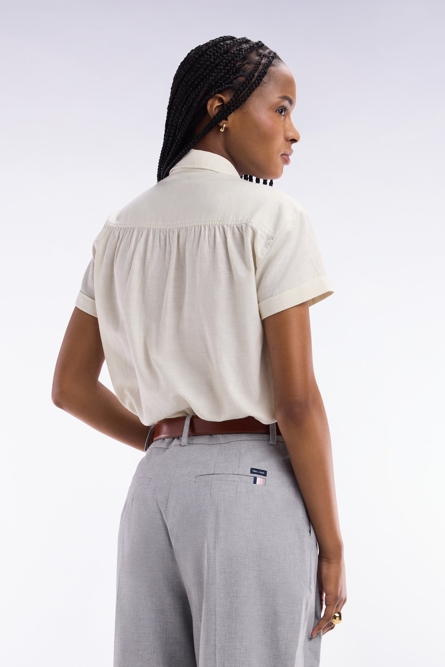 Relaxed-fit short-sleeved ecru cotton blouse
