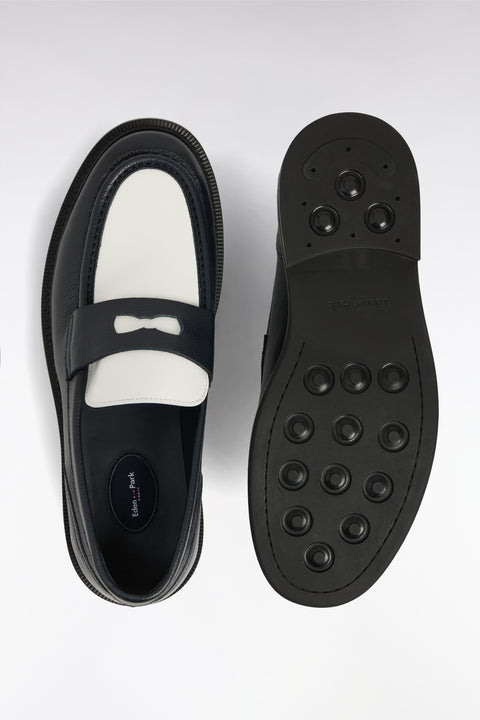 Two-tone moccasins in navy blue and white grained leather - Image 3