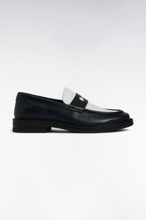 Two-tone moccasins in navy blue and white grained leather - Image 1