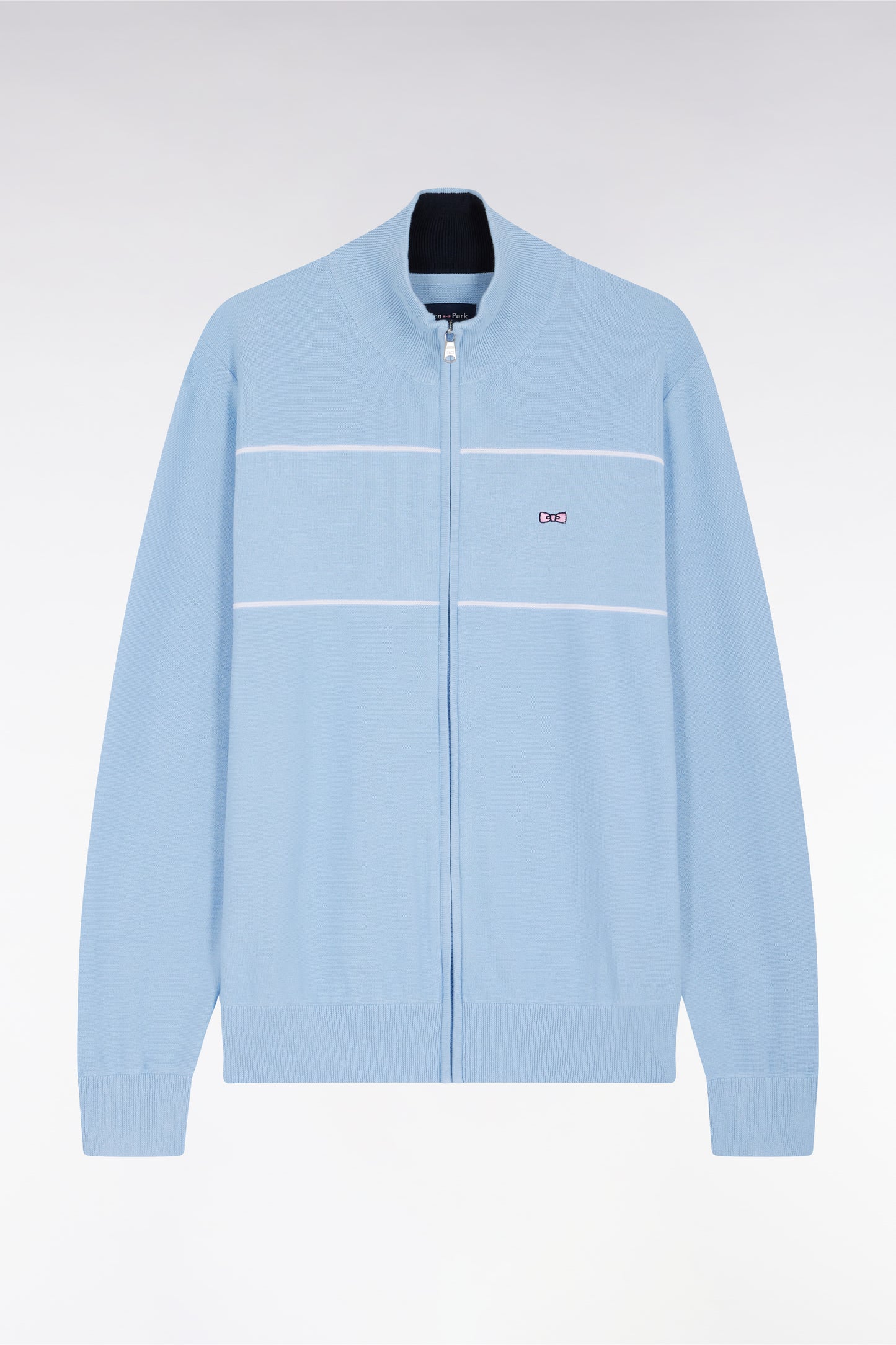 Zip-up trucker-collar cardigan in sky cotton with pink piping effect, straight cut - A SHOOTER