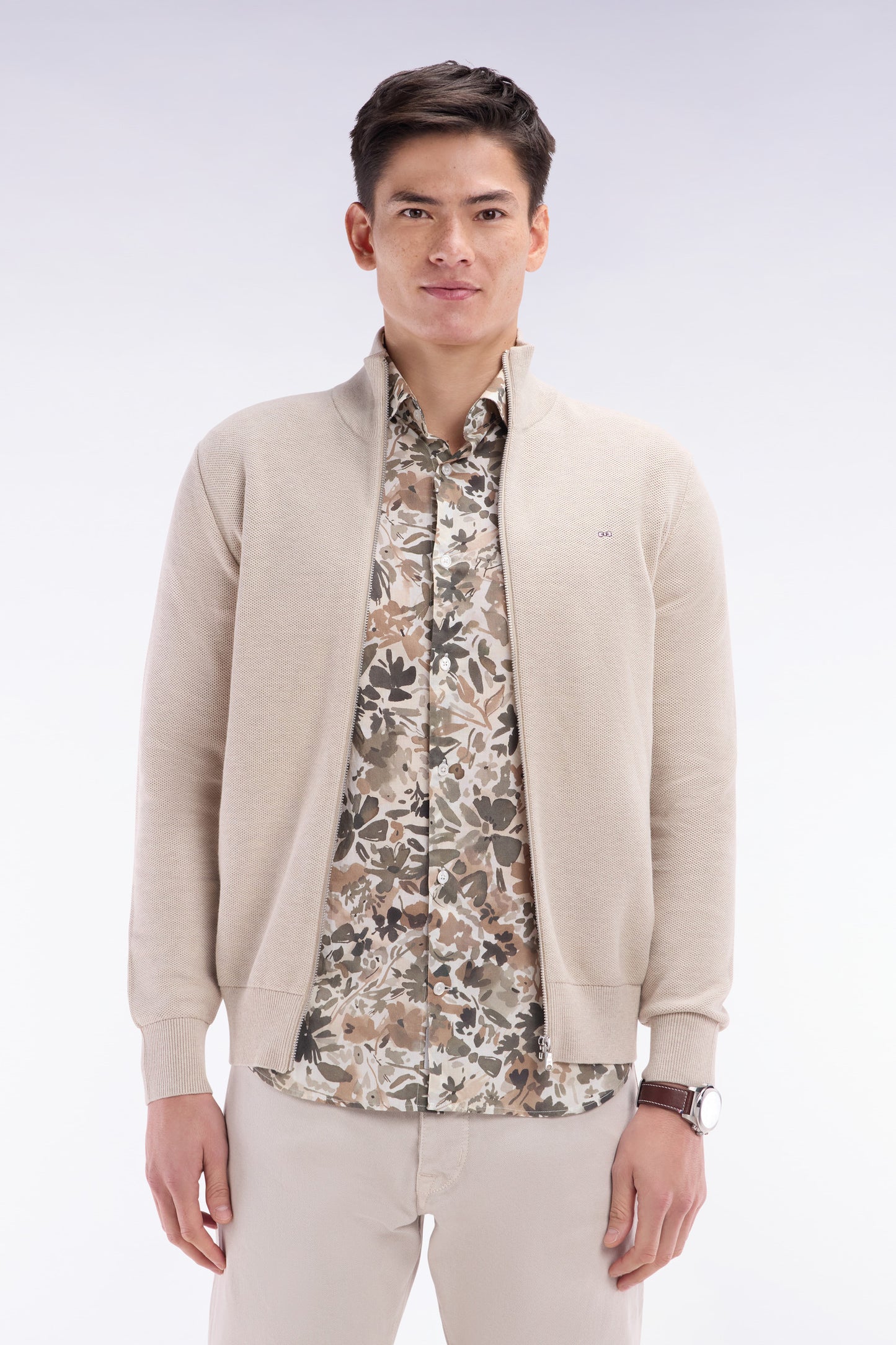 Cardigan zippé en coton nid d'abeille beige coupe droite