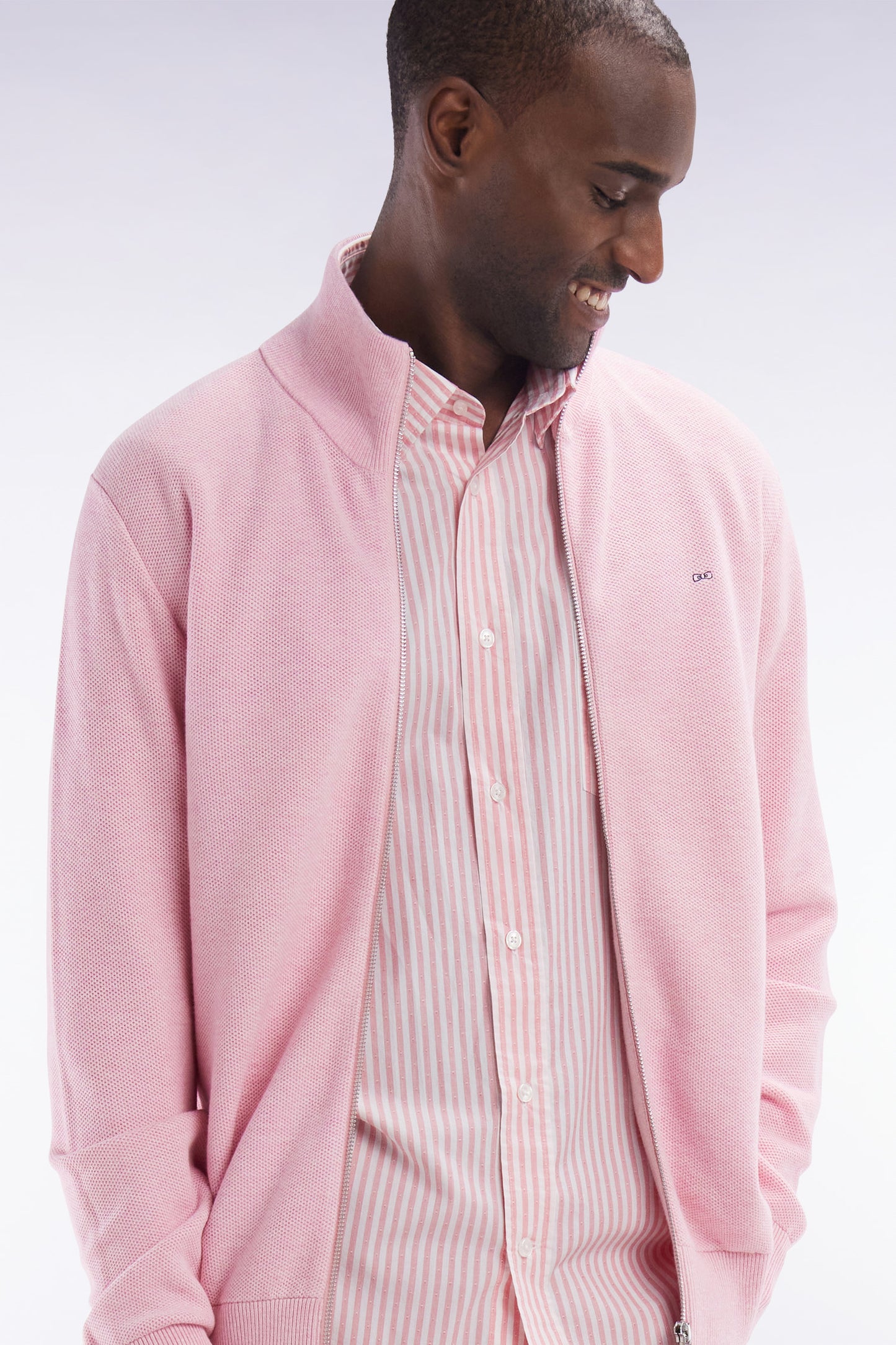 Straight-fit zipped pink honeycomb cotton cardigan