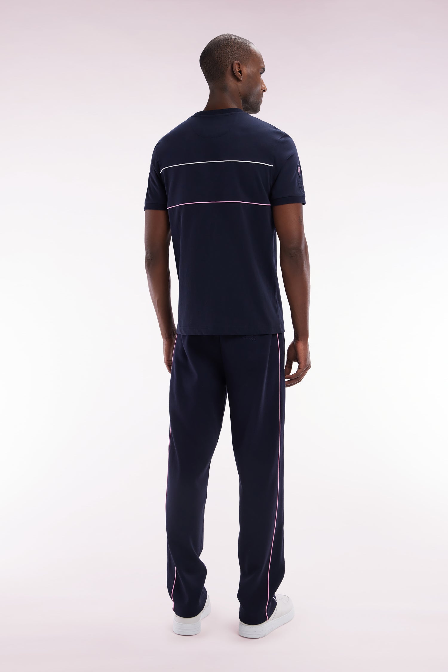 Pantalon jogging en molleton coton stretch marine passepoil ciel coupe droite