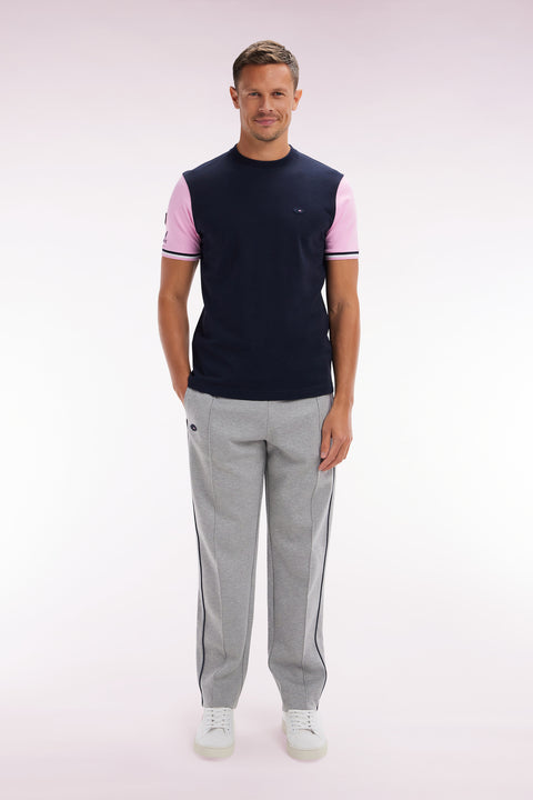 Straight-cut grey stretch cotton fleece jogging pants with navy blue piping - Image 1