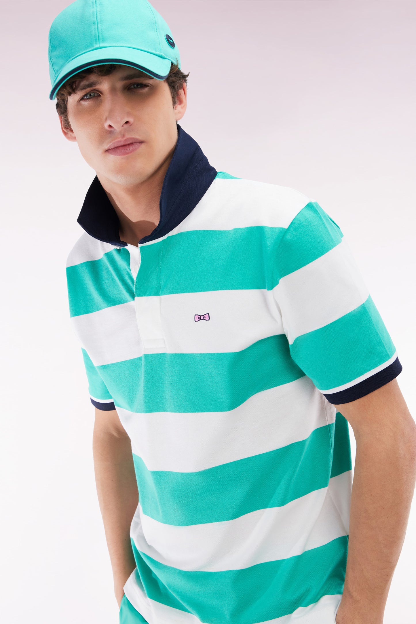 Short-sleeved jersey in green and white ringed Pima cotton, straight cut