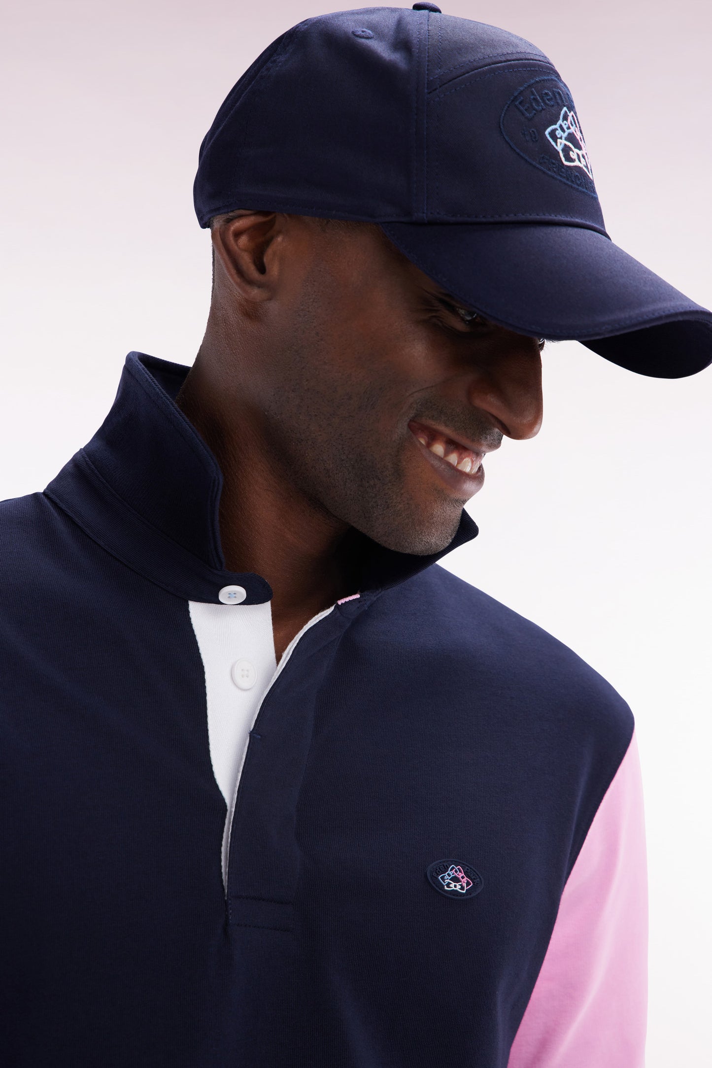 Short-sleeved rugby shirt in navy cotton jersey with back embroidery