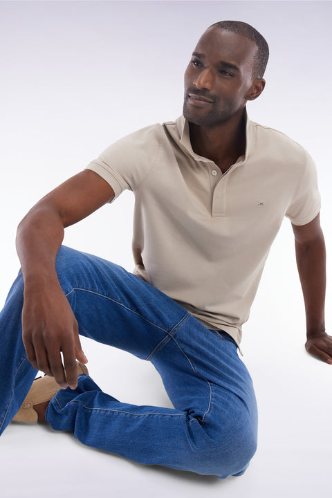 Slim-fit short-sleeved polo shirt in beige cotton piqué - Image 3