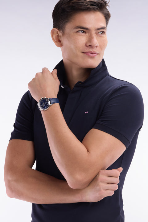 Slim-fit short-sleeved polo shirt in navy stretch cotton piqué - Image 3