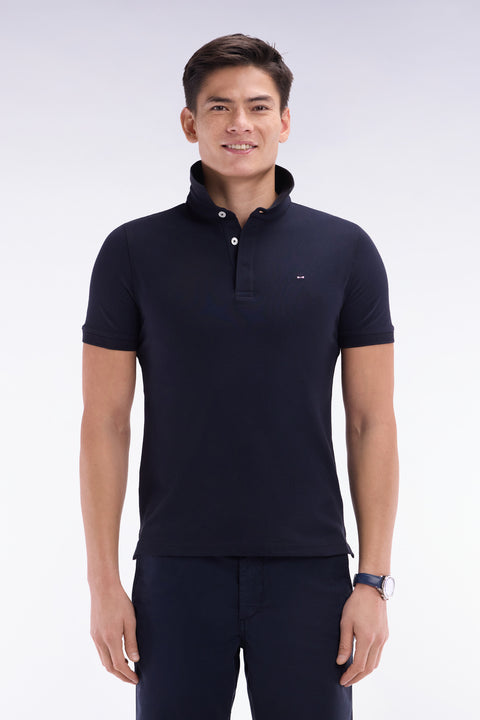 Slim-fit short-sleeved polo shirt in navy stretch cotton piqué - Image 1