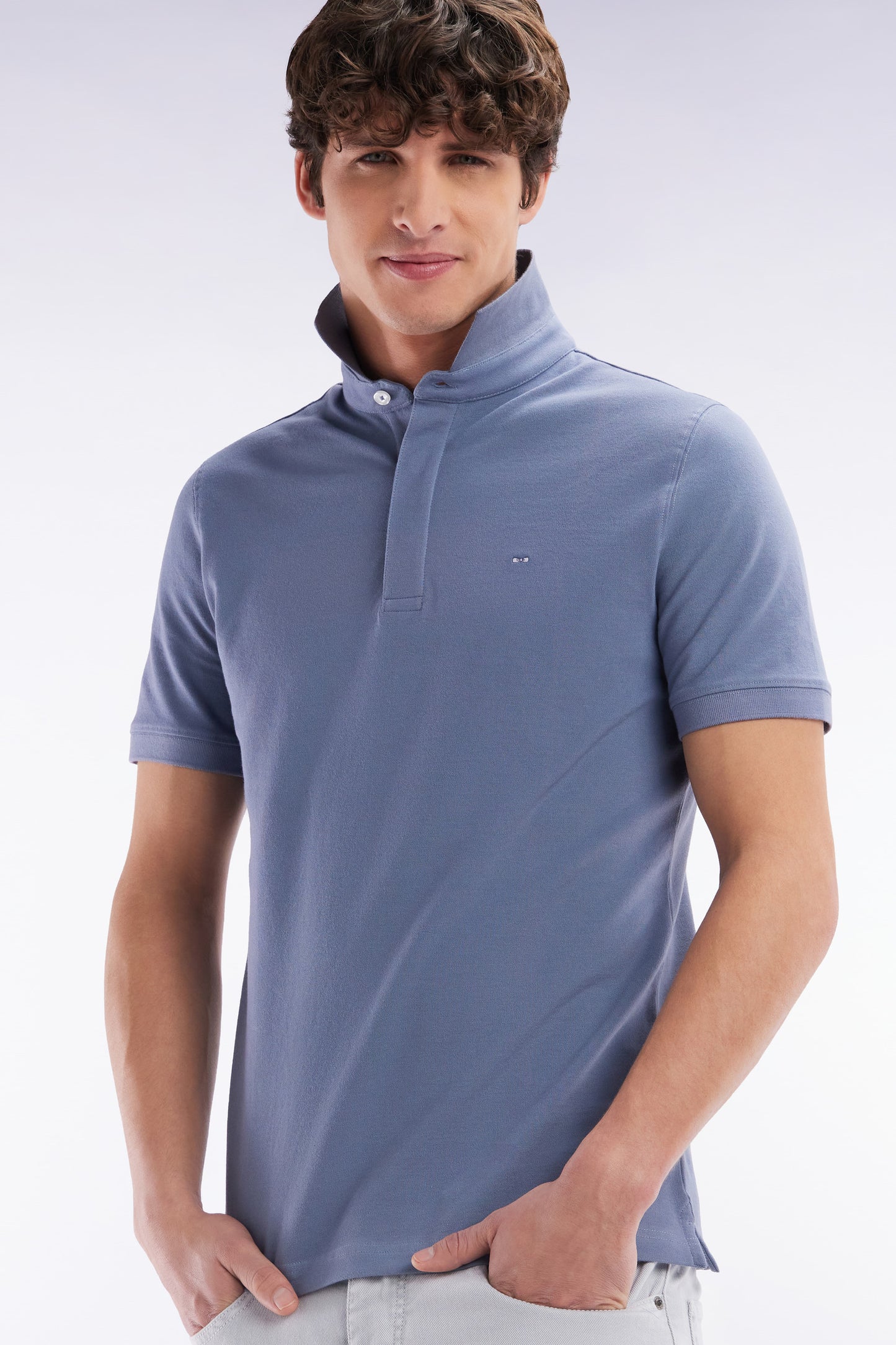 Slim-fit short-sleeved polo shirt in grey blue stretch cotton piqué
