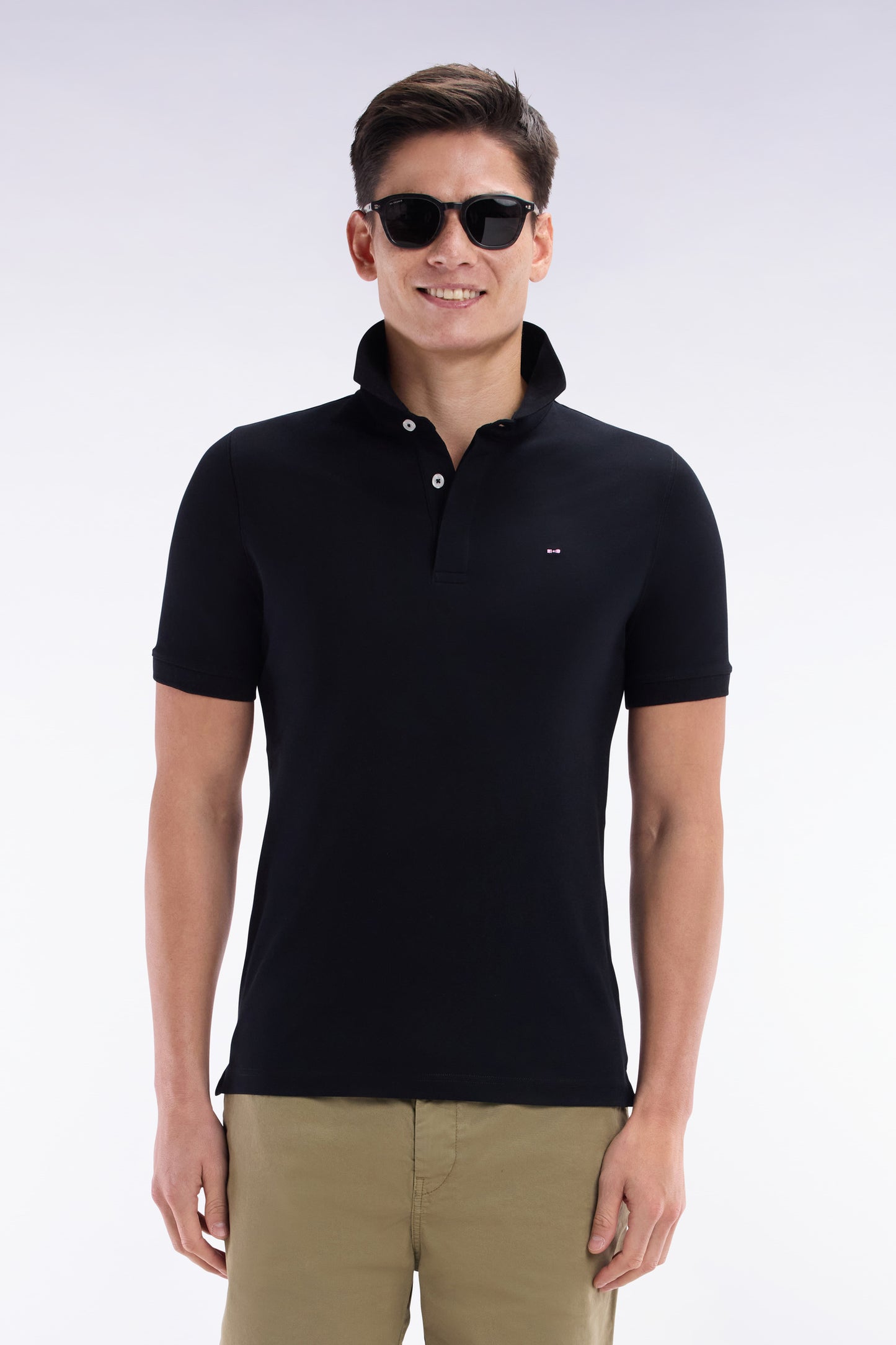 Slim-fit short-sleeved polo shirt in salmon pink stretch cotton piqué