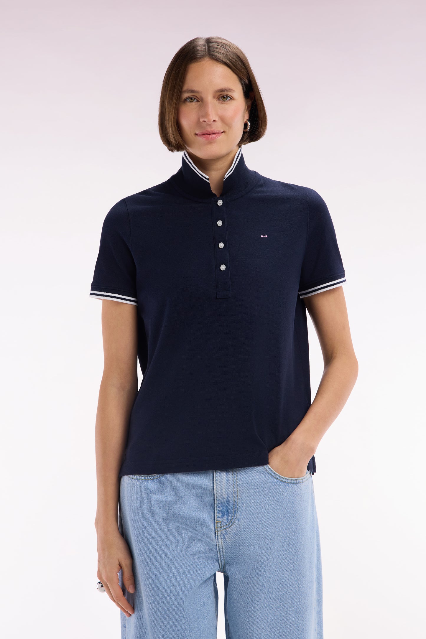 Short-sleeved polo shirt in navy Pima cotton piqué with striped accents
