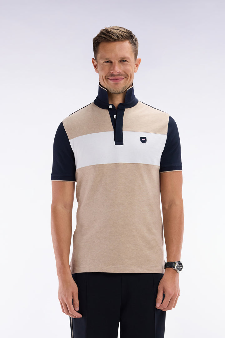 Polo à manches courtes en coton stretch beige bande contrastée coupe ajustée