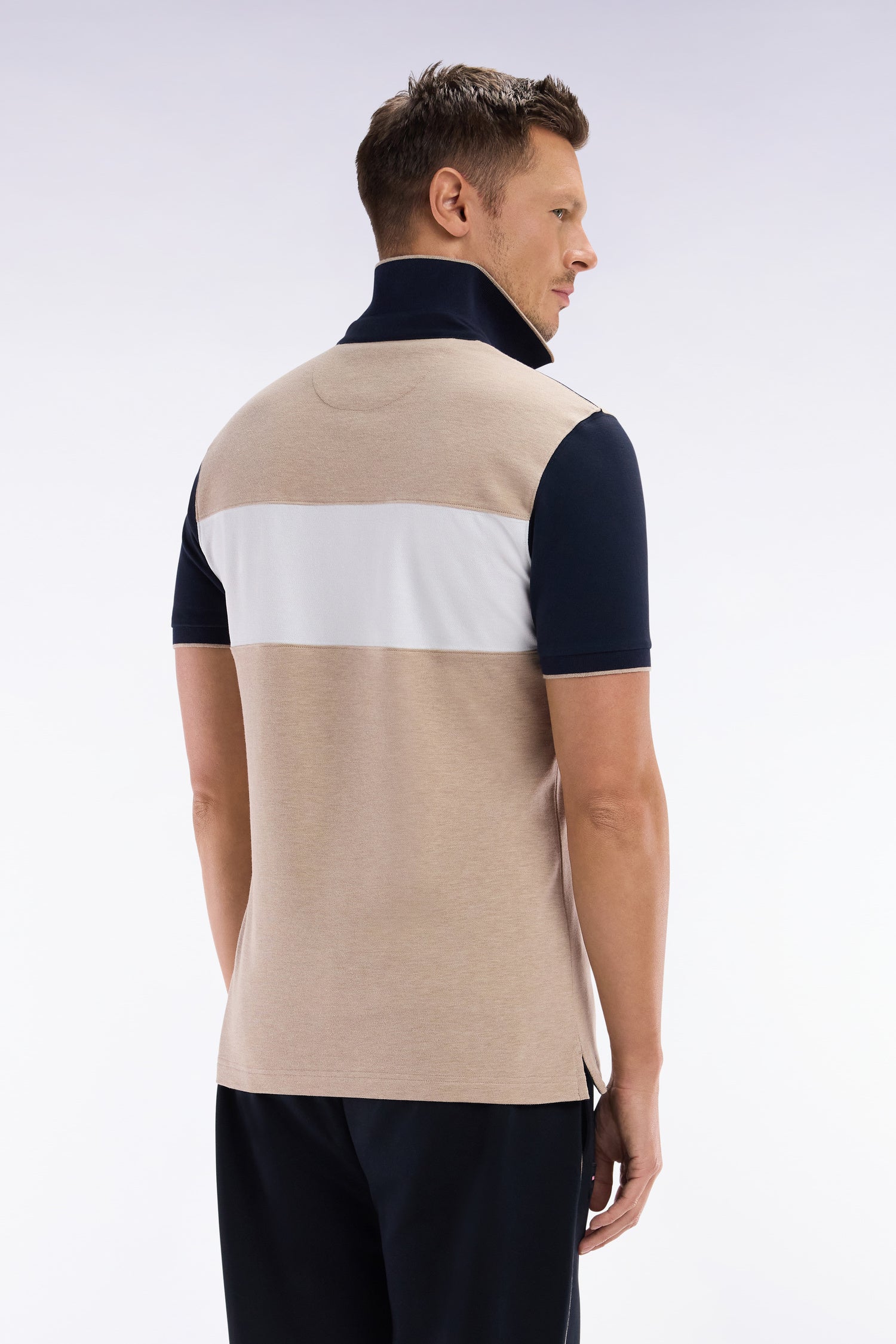 Polo à manches courtes en coton stretch beige bande contrastée coupe ajustée