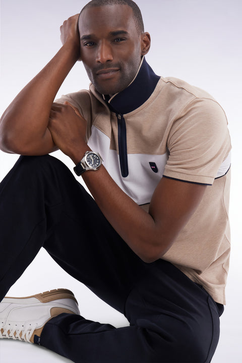 Slim-fit short-sleeved polo shirt in beige stretch mottled cotton piqué with contrasting accents - Image 3