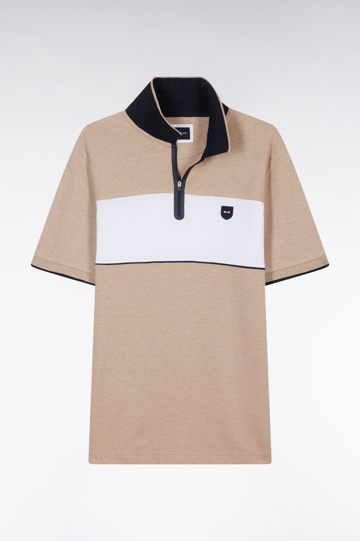 Slim-fit short-sleeved polo shirt in beige stretch mottled cotton piqué with contrasting accents