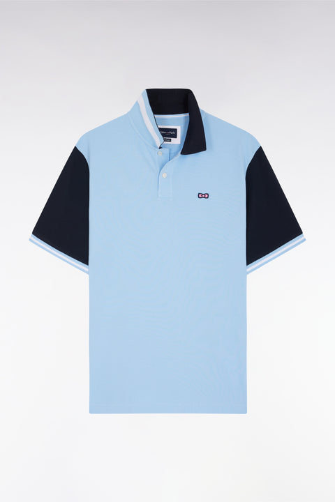 Relaxed-fit short-sleeved sky blue cotton piqué polo shirt with Eden Park back jacquard lettering - Image 1