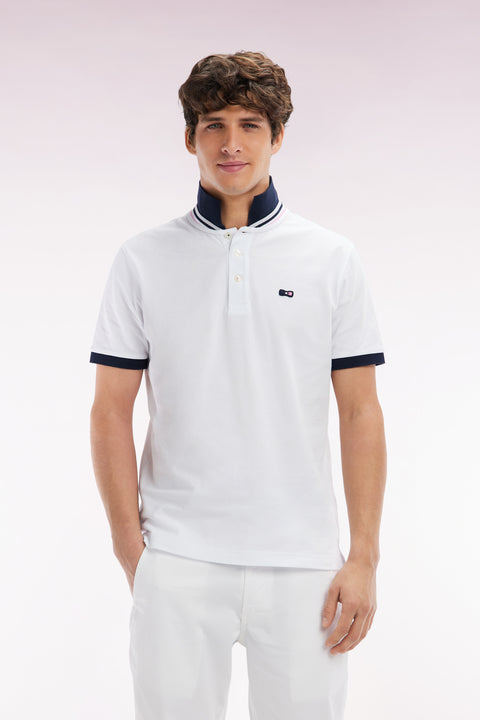 Straight-fit short-sleeved polo shirt in white cotton piqué with tricolor embroidery - Image 1