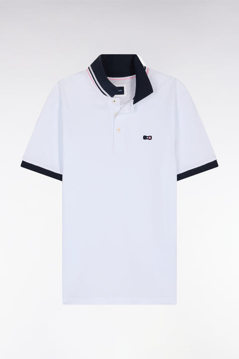 Straight-fit short-sleeved polo shirt in white cotton piqué with tricolor embroidery - Image 2