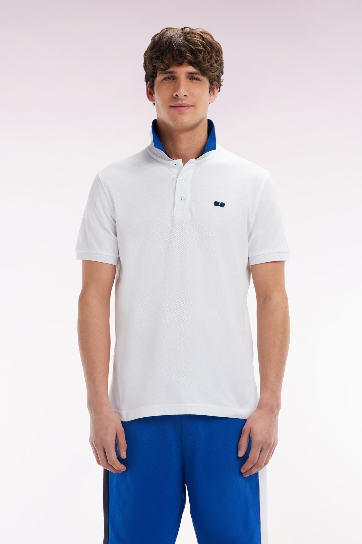 Straight-fit short-sleeved polo shirt in white cotton with two-tone Eden Park jacquard collar