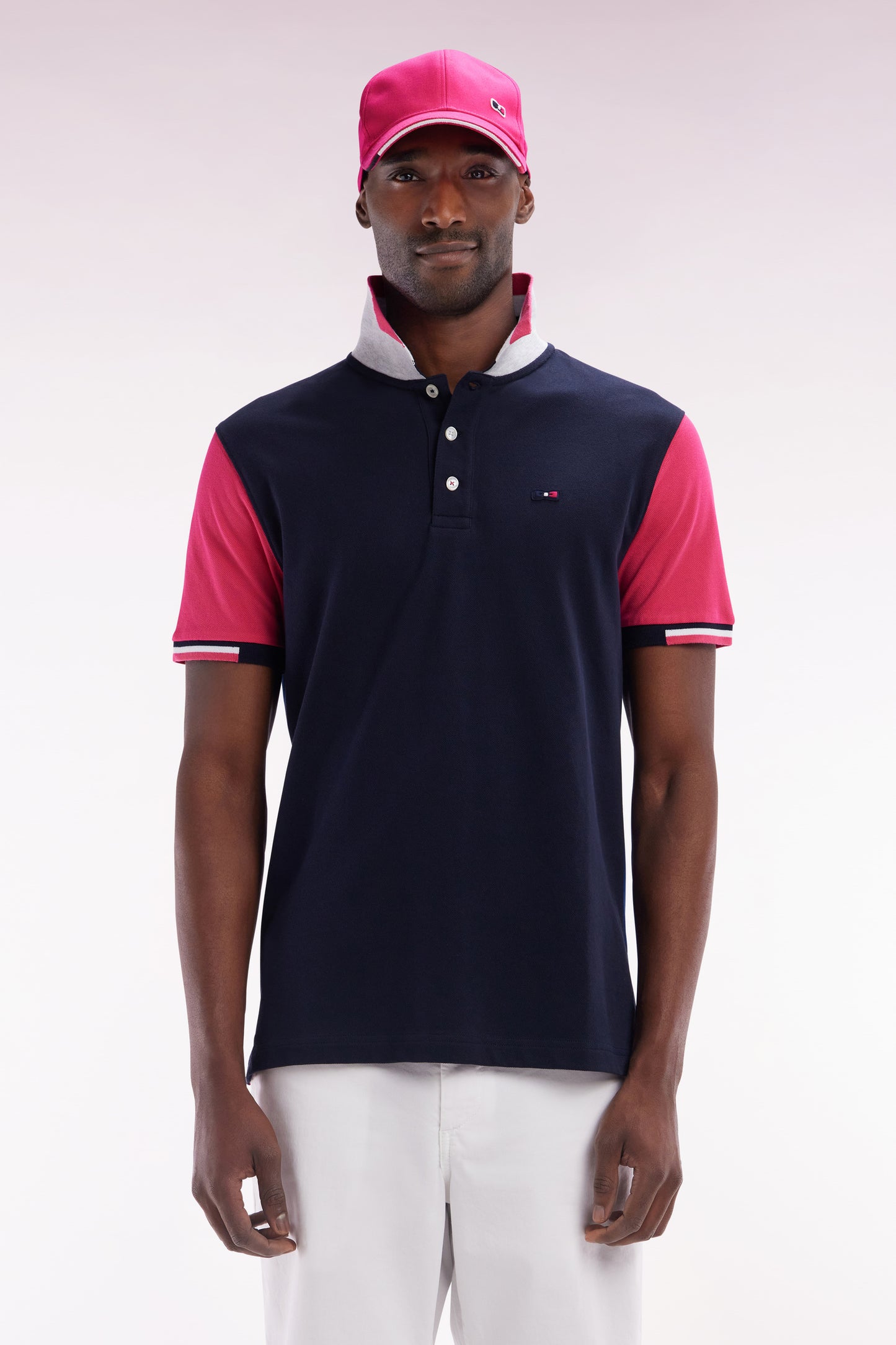 Straight-fit short-sleeved colorblock polo shirt in fuchsia cotton