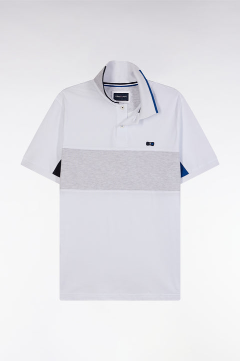 Straight-fit short-sleeved colorblock polo shirt in white cotton with grey and navy details - Image 2