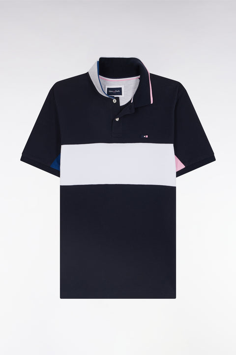 Straight-fit short-sleeved colorblock polo shirt in white cotton with grey and navy details - Image 2