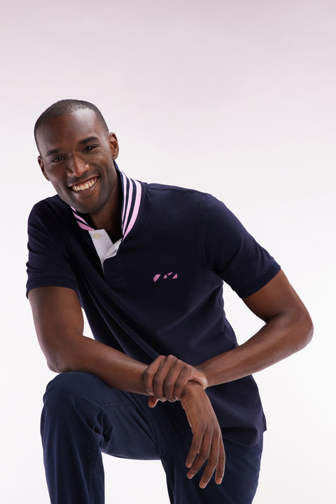Straight-fit short-sleeved polo shirt in navy cotton with striped undercollar - Image 3