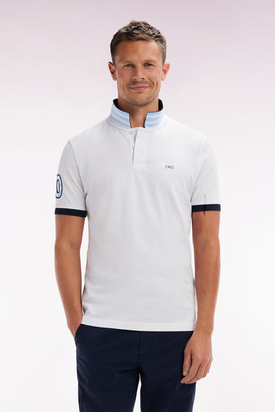 Straight-fit short-sleeved polo shirt in white cotton piqué with 10 sleeves embroidery