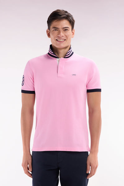 Straight-fit short-sleeved polo shirt in pink cotton piqué with 10 sleeves embroidery