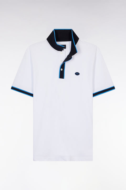 Relaxed-fit short-sleeved polo shirt in blue cotton with colorful stripes - Image 2