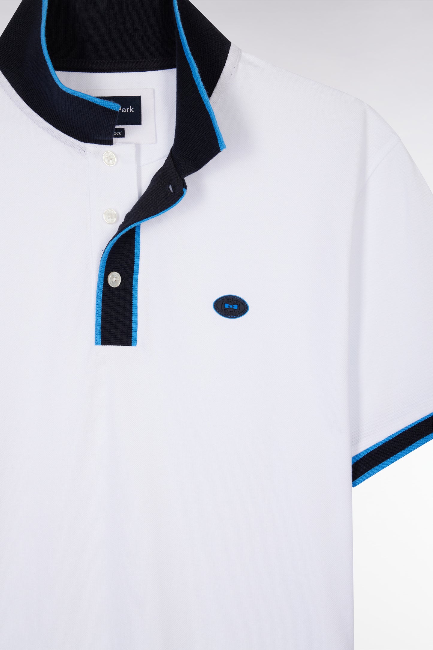 Relaxed-fit short-sleeved polo shirt in blue cotton with colorful stripes