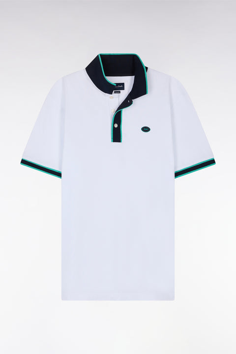 Relaxed-fit short-sleeved polo shirt in green cotton with colorful stripes - Image 2