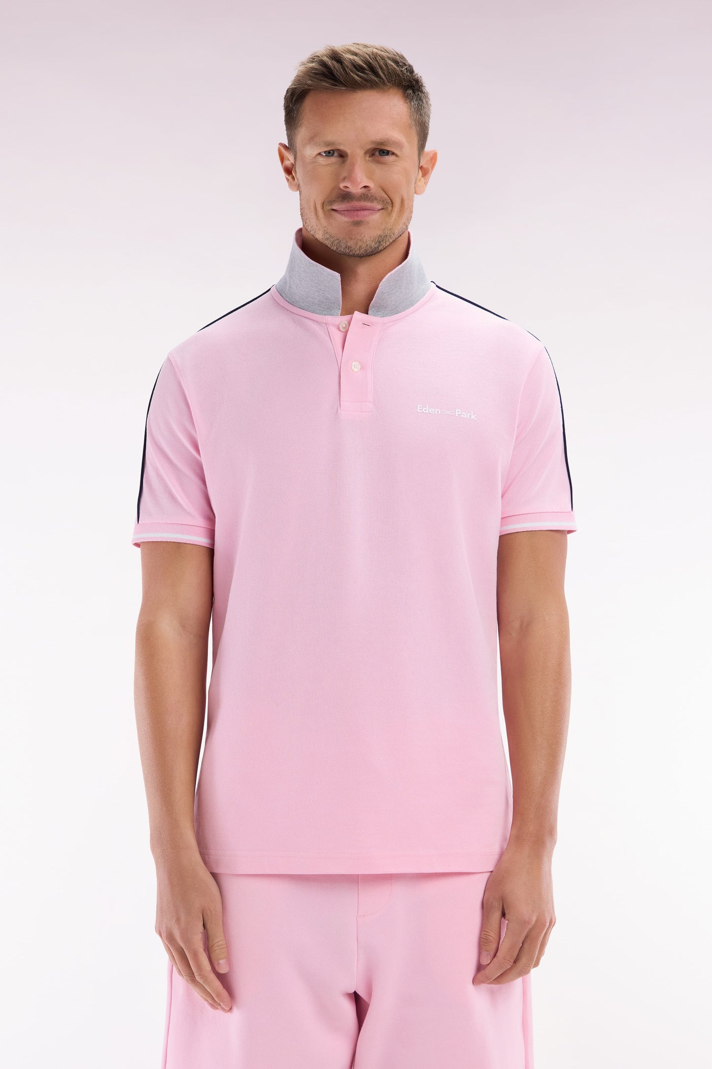 Relaxed-fit plain short-sleeved polo shirt in pink cotton with Eden Park lettering