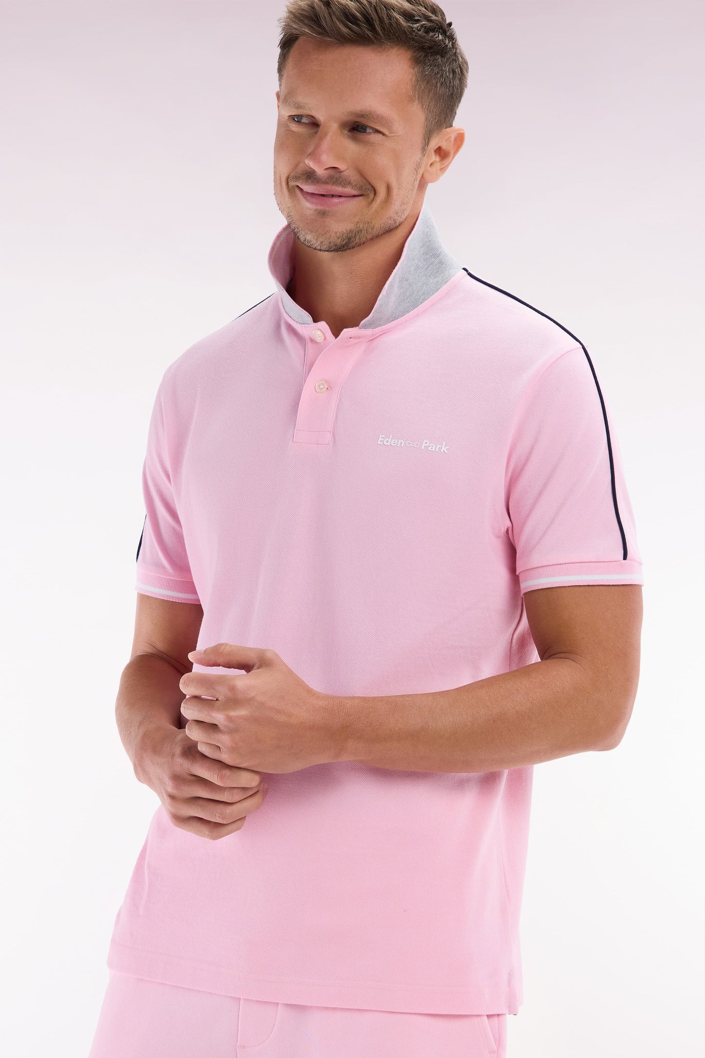 Relaxed-fit plain short-sleeved polo shirt in pink cotton with Eden Park lettering