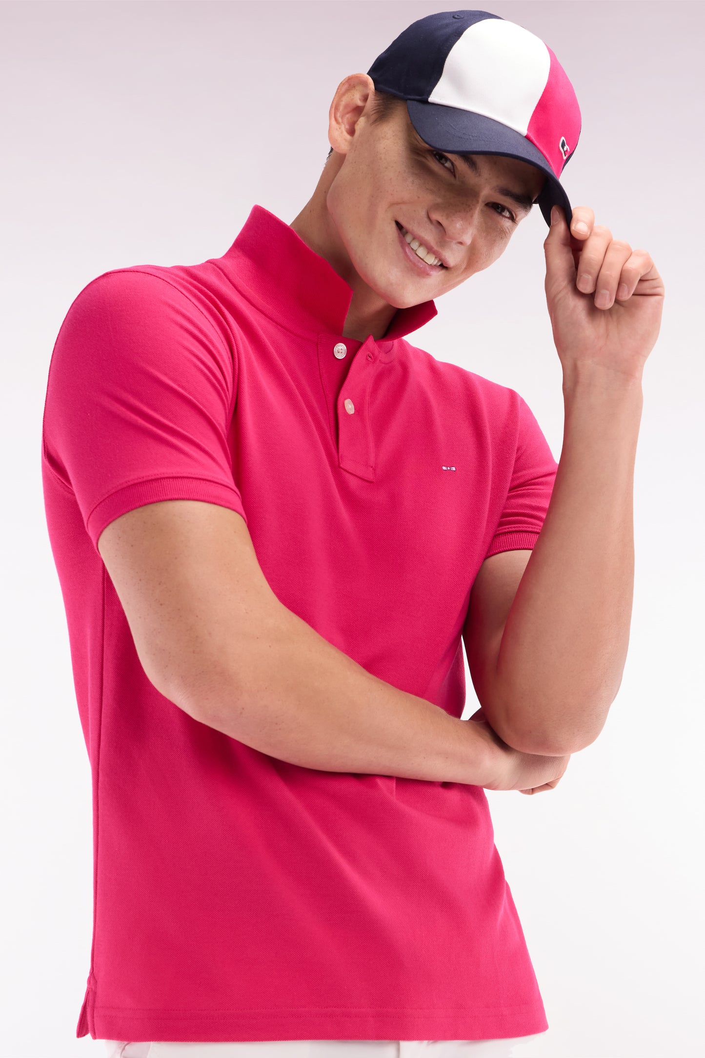Straight-fit short-sleeved polo shirt in fuchsia Pima cotton