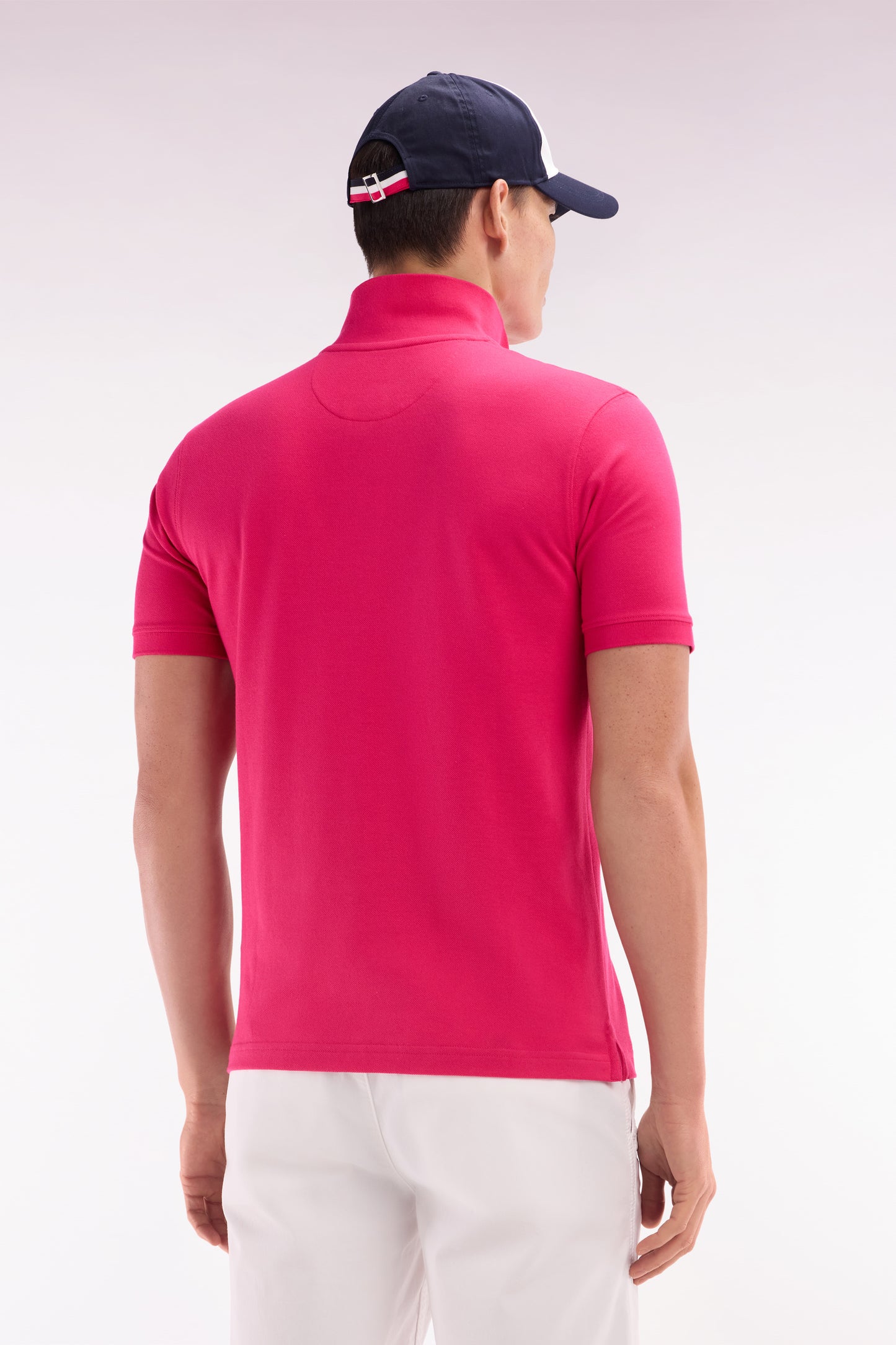 Straight-fit short-sleeved polo shirt in fuchsia Pima cotton