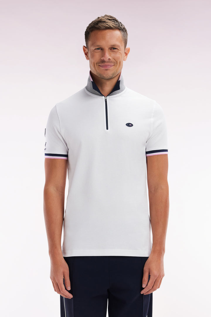 Polo à manches courtes en coton stretch blanc col zippé coupe ajustée