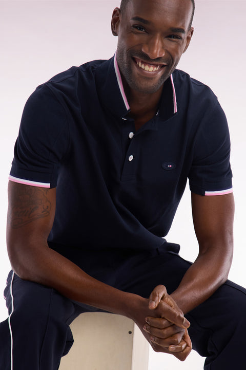 Straight-cut short-sleeved polo shirt in navy cotton with two-tone ribbed edges - Image 3