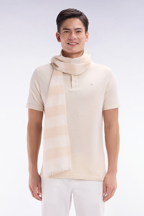 Straight-fit short-sleeved polo shirt in cream cotton-linen blend - Image 1