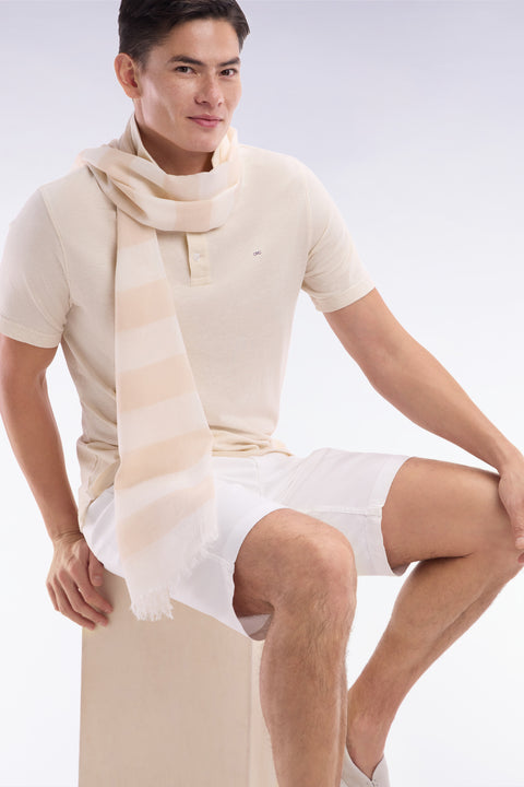 Straight-fit short-sleeved polo shirt in cream cotton-linen blend - Image 3