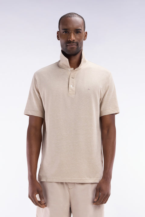 Straight-fit short-sleeved polo shirt in beige cotton-linen blend - Image 1