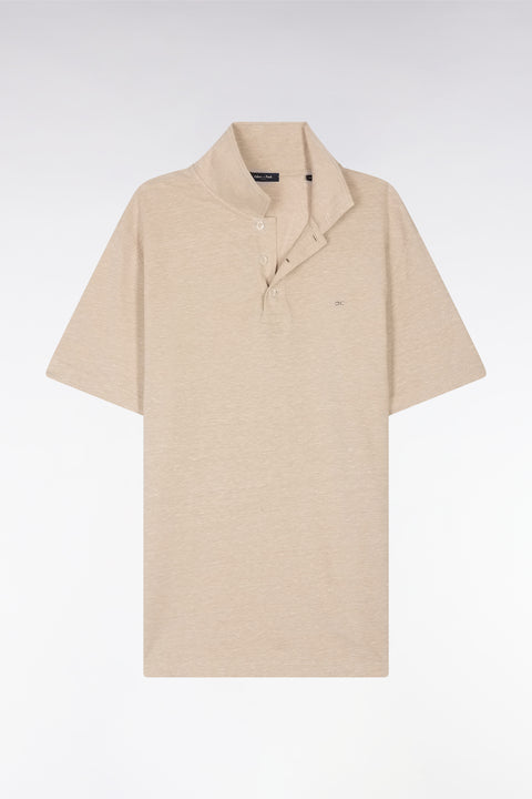 Straight-fit short-sleeved polo shirt in beige cotton-linen blend - Image 2