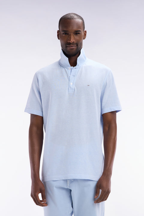 Straight-fit short-sleeved polo shirt in grey blue cotton-linen blend - Image 1